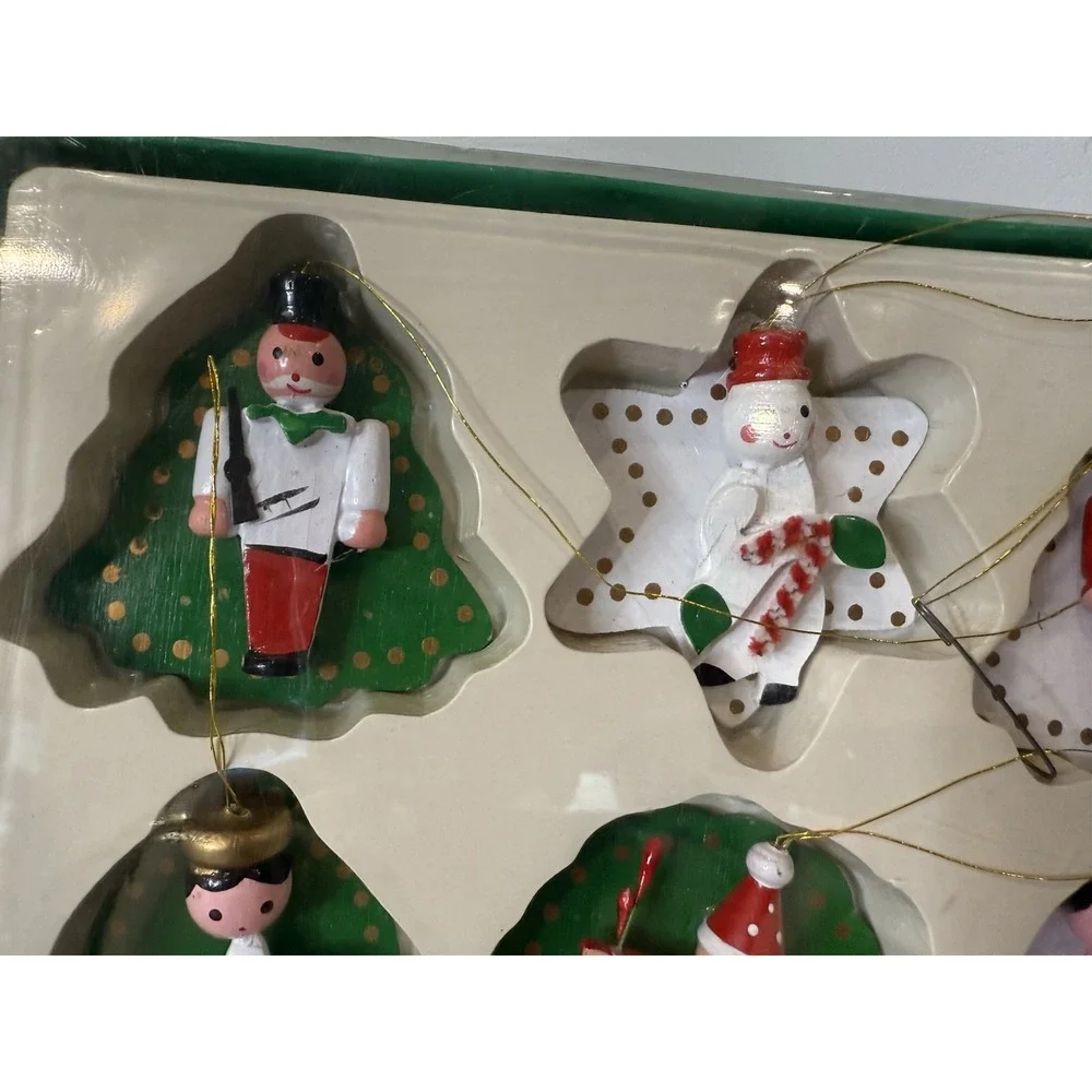 Vintage Christmas 12 Wooden Ornaments Hand Made Hand Painted 3-4